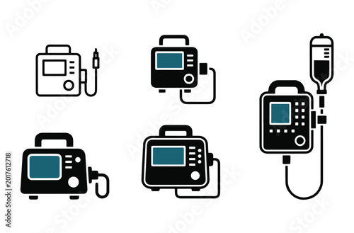 Obraz na płótnie Patient monitor and medical device icon set including defibrillator and iv drip infusion pump variations for intensive care units hospital equipment and medical monitoring apps