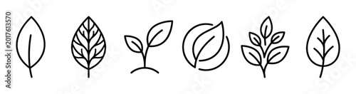 Six different black leaf and plant icons in a minimalist line art style for ecology, nature, and organic concepts, presented in a clean, modern vector illustration set
