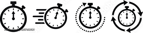Stopwatch icon set representing time speed timing and circular motion with arrows.