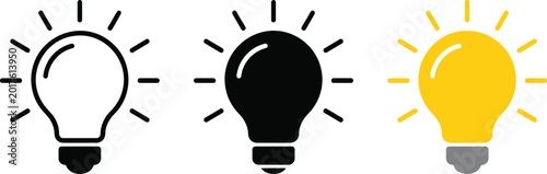 Light bulb icon outline solid black and yellow glowing symbol representing idea innovation.