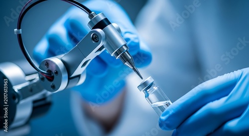 Gloved hands handling medical equipment and a vial