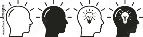 Creative head profile icon set showing brain storming and innovative ideas.