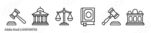 Set of law and justice icons in a minimalist black line art style, featuring a gavel, courthouse, scales, legal book, and a judge's bench for representing the legal system