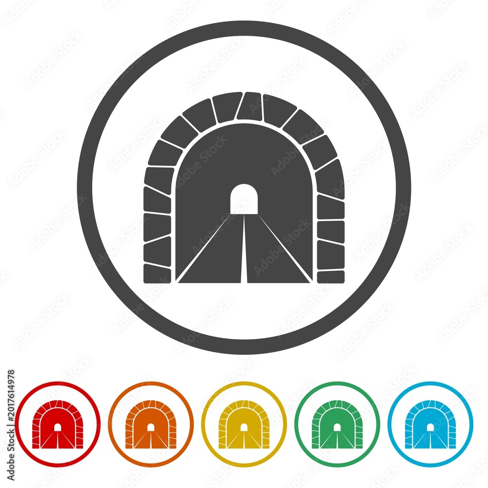 Fototapeta premium Road with tunnel icon. Set icons in color circle buttons