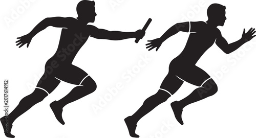 Schilderij op canvas Two male relay race runners passing the baton in a fast sprint motion silhouette