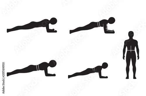 Obraz na płótnie Set of black silhouette icons depicting human figure performing plank exercises and body posture measurements for fitness training and health monitoring isolated on transparent grid
