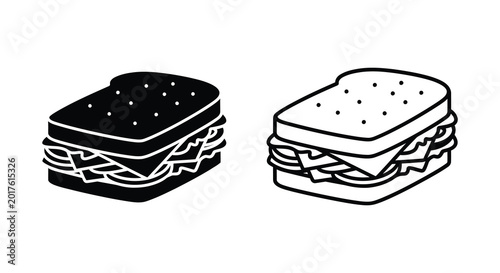 Tableau sur toile Sandwich silhouette with layered fillings and bread black and white illustration