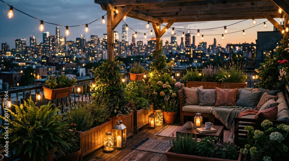Obraz premium Rooftop terrace lit for evening with city skyline view