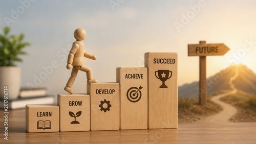 Wooden staircase growth concept with steps learn grow develop achieve succeed toward future goal path