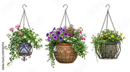 Decorative hanging flower baskets with blooming petunias and geraniums, ornamental garden planters with lush green foliage, rustic metal wire plant hangers isolated PNG with Transparent