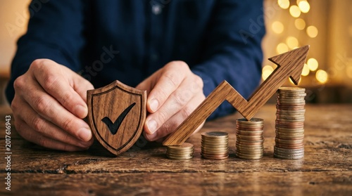 Protection & Growth: An individual carefully arranges financial tools and stacks of coins, representing a commitment to security, stability, and sustainable expansion