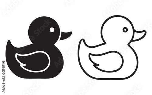 Rubber Duck Icon Set – Cute Bath Toy Symbols in Outline and Solid Black Vector Style for Kids and Bathroom Decor