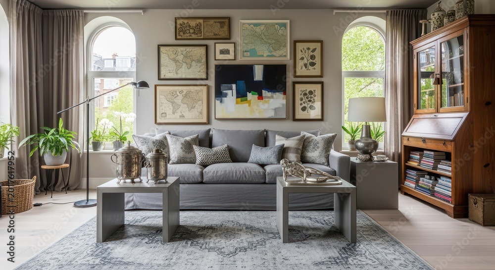Fototapeta premium Living room displays a classic sofa arranged with a gallery wall of framed vintage maps and wooden furniture to evoke a sense of timeless travel nostalgia.