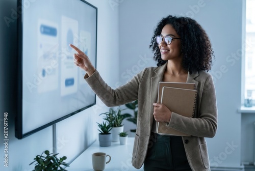 Foto Young professional woman interacting with a large touch screen displaying busine