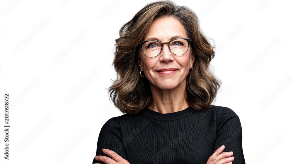 Obraz premium Confident middle-aged woman with glasses and arms crossed, smiling warmly against a white background