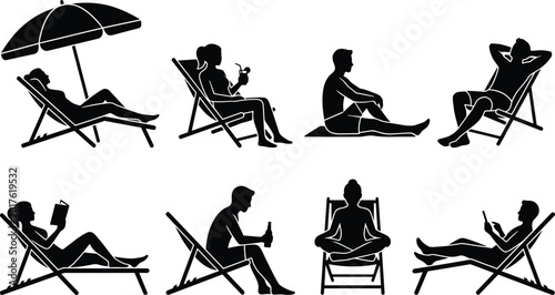 Cuadro en lienzo Beach Relaxation Silhouettes Collection Featuring People Lounging Reading Medita
