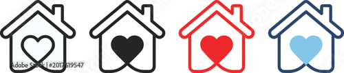 Four house icons with hearts, symbolizing home and love.