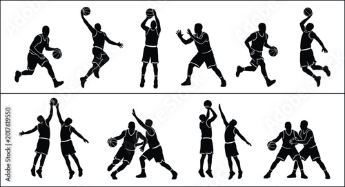 Photos Basketball Player Silhouettes Featuring Dribbling Shooting Dunking and Defensive