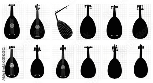 Canvas Print Silhouette of various stringed musical instruments likely lutes or saz in black