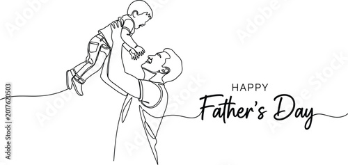 Father lifting happy child on shoulders for father's day celebration with line art