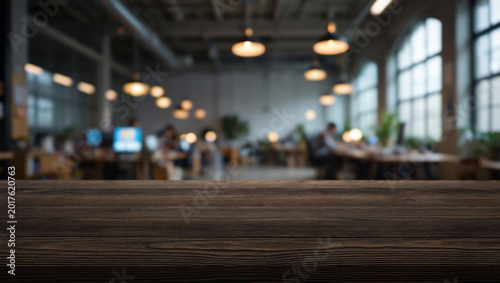Fotografie wood table top with blurry office space background