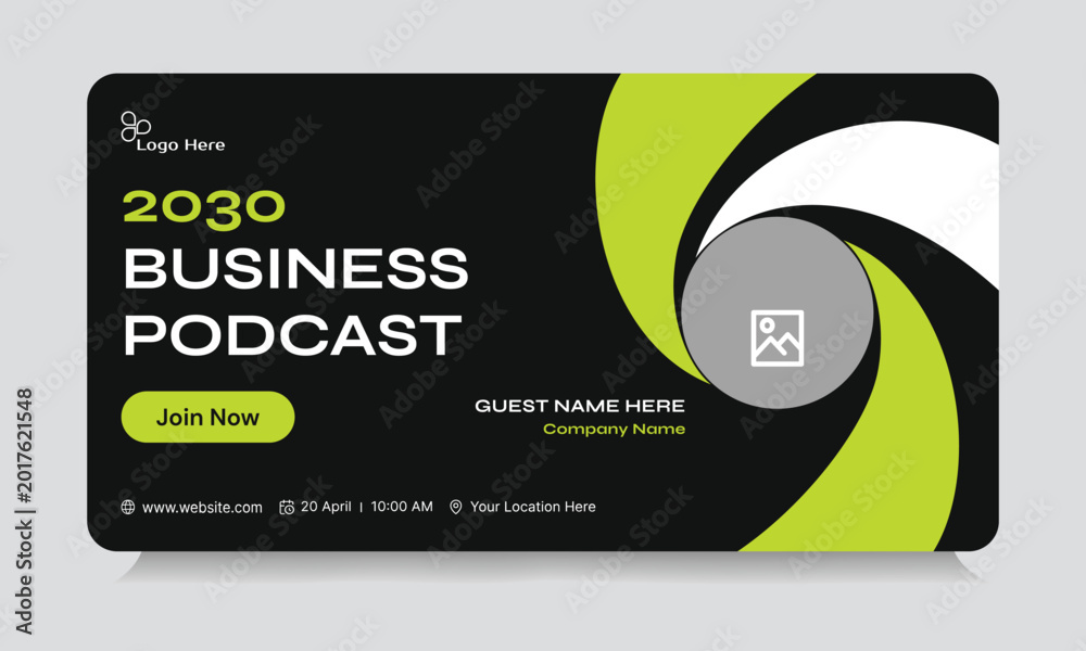 Fototapeta premium Business Podcast Template Design: A sleek and modern podcast template with bold typography, dynamic design elements and dedicated space for logo, image, guest details, and event information.