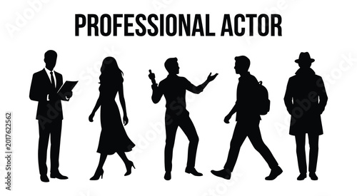 Professional actor silhouettes, set of 5 performer character vector shapes, theater and film industry people icons on white background