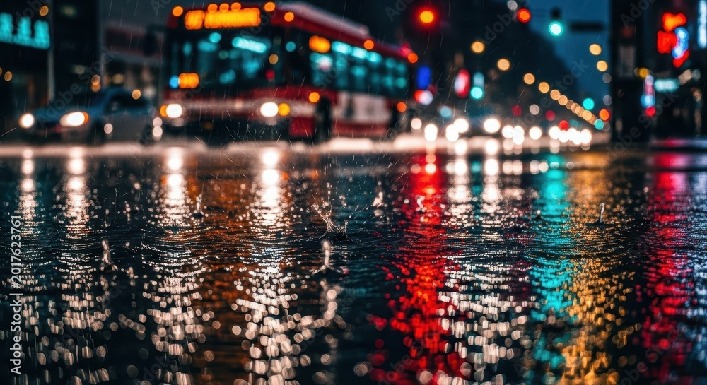 Obraz premium Rainy Night City Street with Blurred Traffic and Colorful Light Reflections on Wet Pavemen