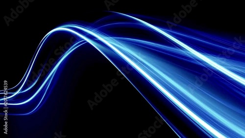 Blue neon light waves on dark futuristic background. Abstract blue light trails high speed fiber optic data motion background.