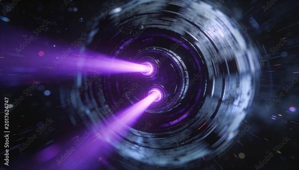Obraz premium Projecting twin circular emitters firing violet beams through concentric tunnel, scattering sparks