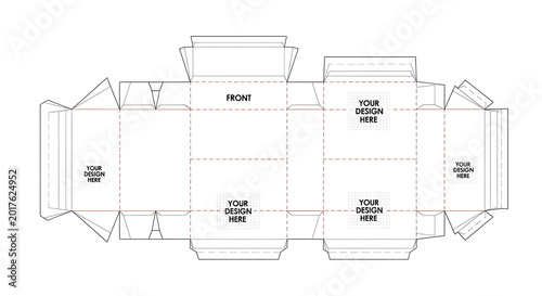 Food packaging box dieline template, flat layout, editable design space, high resolution, professional presentation