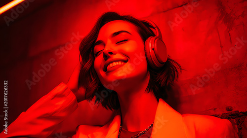 Close-up of a joyful woman enjoying music with headphones in a vibrant red-lit environment.