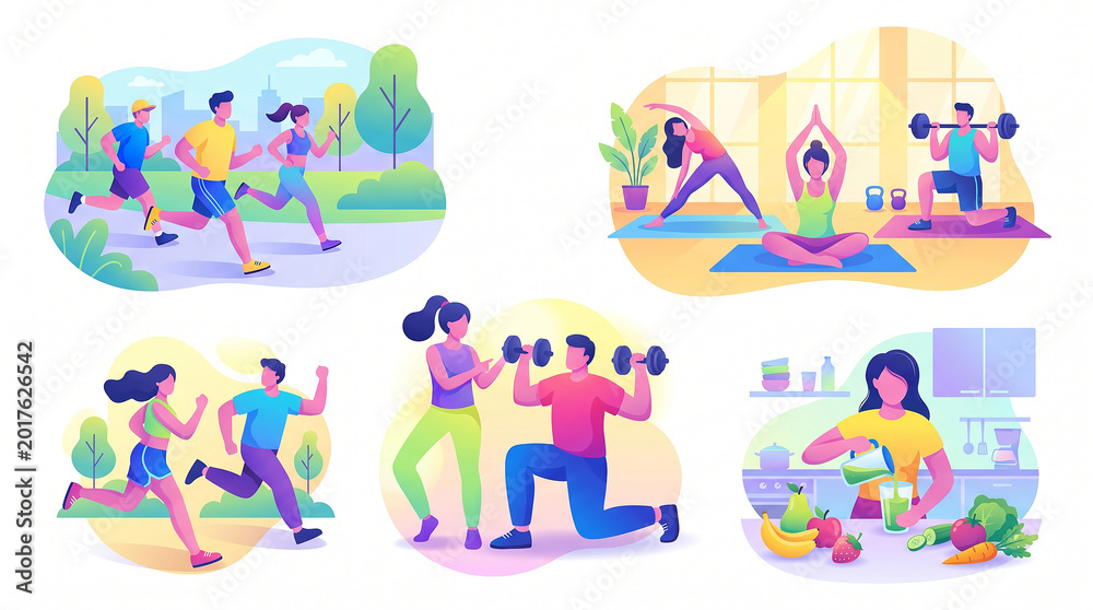 Naklejka premium People engaging in various fitness activities.