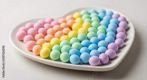 Vibrant pastel sweets arranged in a delightful rainbow pattern on a white heart-shaped plate, perfect for festive celebrations and sweet treats