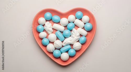 A heart-shaped dish filled with a variety of white and blue pills, including capsules and tablets, against a neutral background