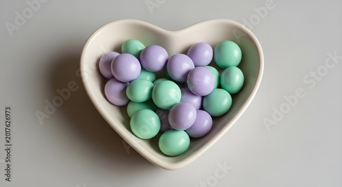 Delicious pastel spherical candies in a lovely heart-shaped dish, showcasing vibrant purple and mint green sweets arranged artfully, ideal for romantic gestures or festive occasions