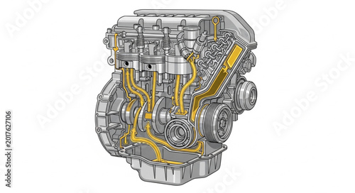 Detailed illustration of a modern car engine internal combustion mechanism.