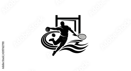 Foto Athlete in motion playing tennis and soccer dynamic sports silhouette with racke