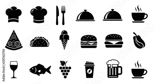 Food and drink icons including chef hats utensils and various meals on white background