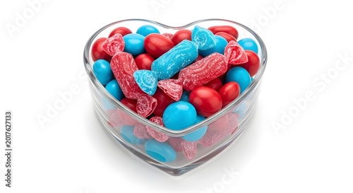 Vibrant red and blue candies overflowing in a clear heart-shaped bowl, symbolizing joy, sweetness, and celebration against a crisp white background