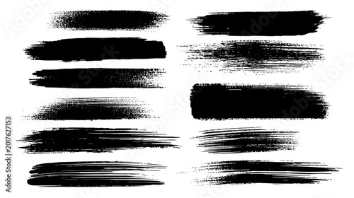 Brush strokes in black on a transparent background showing different styles and sizes for design use, VECTOR and PNG