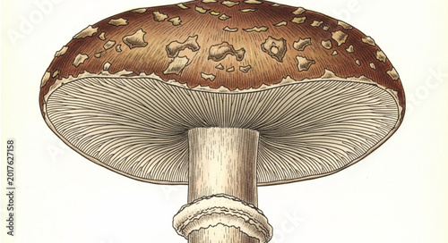 Billede på lærred Detailed illustration of a brown mushroom with white gills and stem