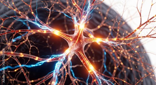 Photos Detailed illustration of a human neuron with glowing synapses and electrical impulses