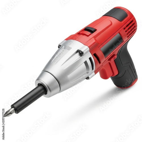 Red cordless impact driver with hex bit attachment isolated on white background