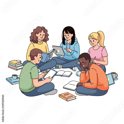 Group of young students studying together on the floor with books  