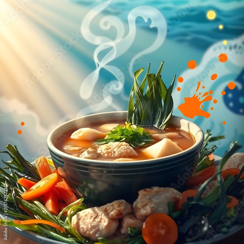 Escena gastronómica realista de sopa marina y confort