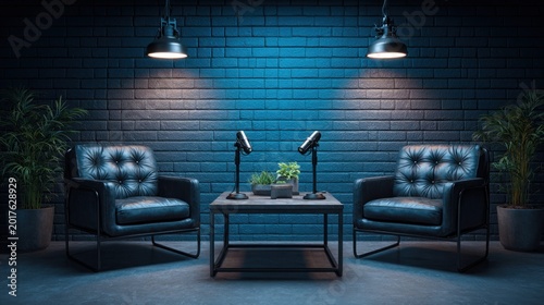 Modern podcast studio setup with two leather chairs and microphones for interviews