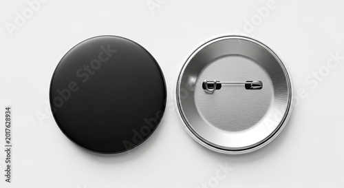 Blank black circular pin button badges front and back view