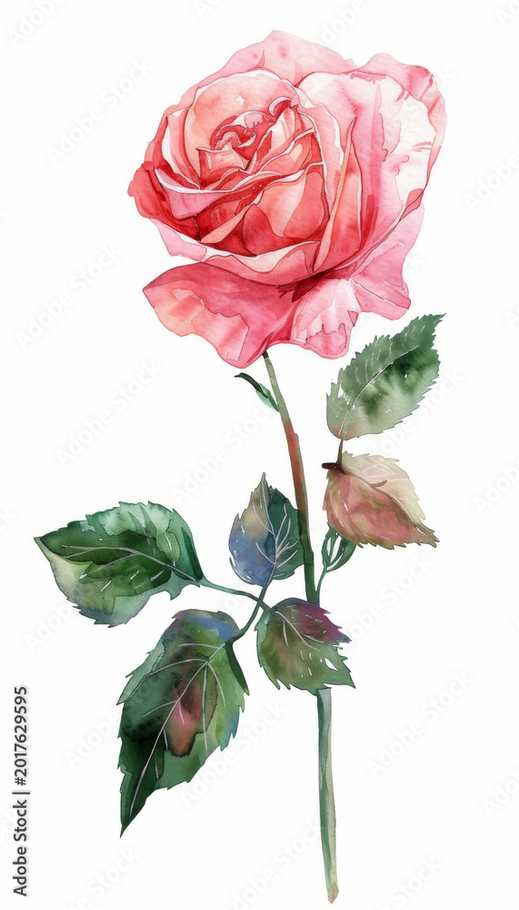 Obraz premium Beautiful pink rose illustration with lush green leaves on a white background showcasing elegance and natural beauty