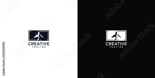 Quadro su tela Abstract minimalist logo design with an airplane silhouette within a rectangular